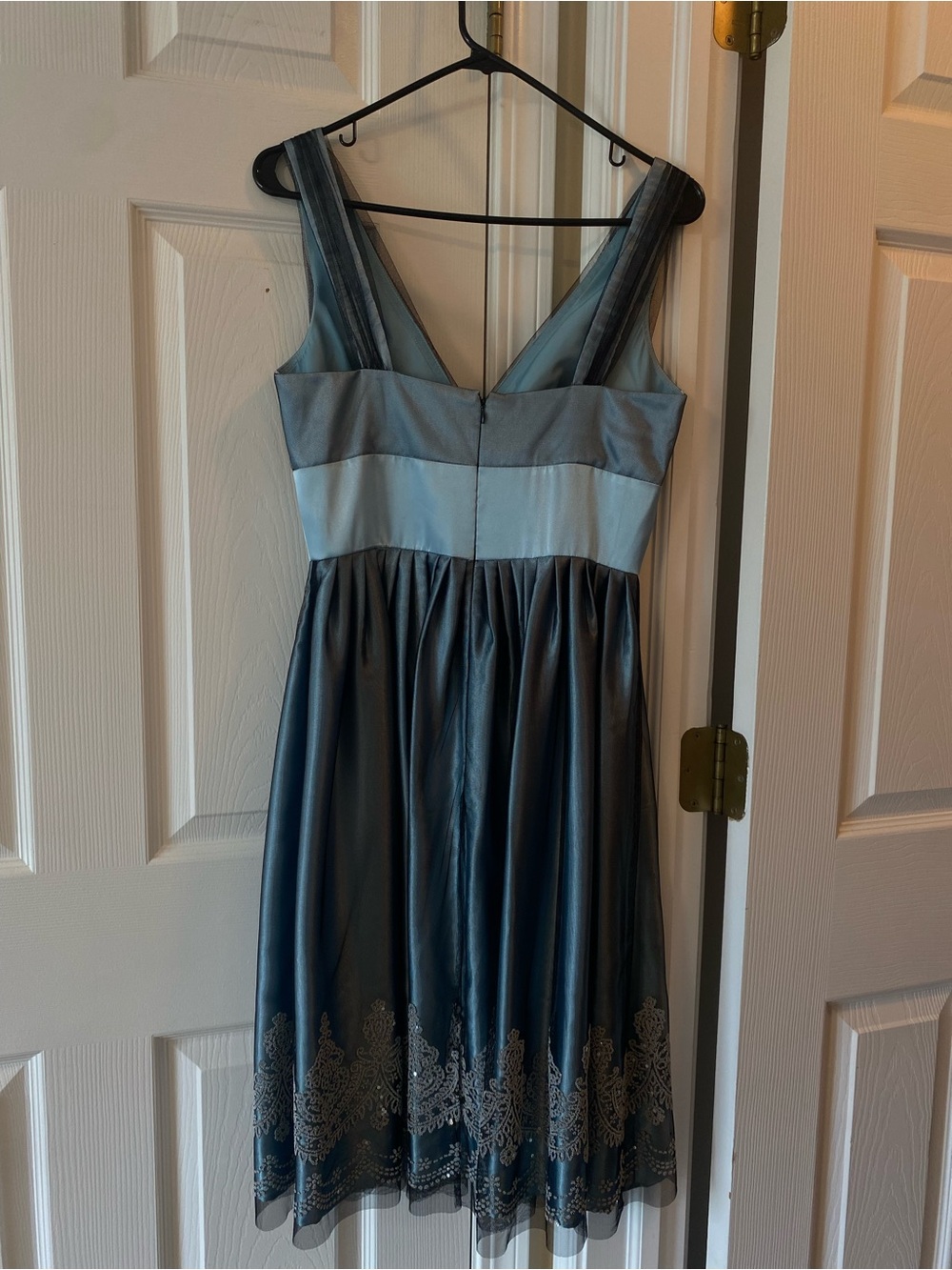 David's Bridal Blue Satin & Black Tulle Girls' Formal Dress - Picture 3 of 10